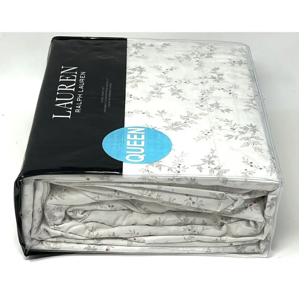Ralph Lauren Carolyne Vine Queen Sheet Set White Gray All Cotton 4 pc NIP
